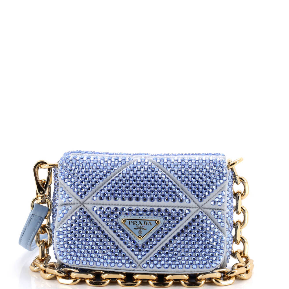 Prada Triangle Chain Flap Bag Crystal Embellished Quilted Satin